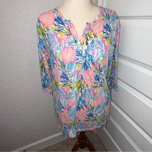 Lulu-B Shell Tropical Print 1/4 Button Down Tunic Shirt Blouse Top - Picture 1 of 12